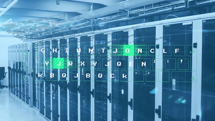 Animation of letters illuminating over data server room