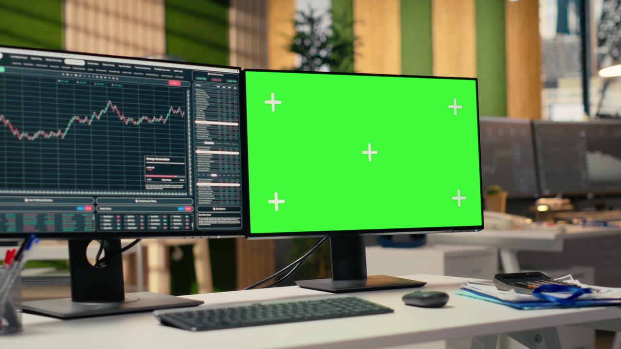 Green screen PC displaying stock market graphs in proprietary firm office