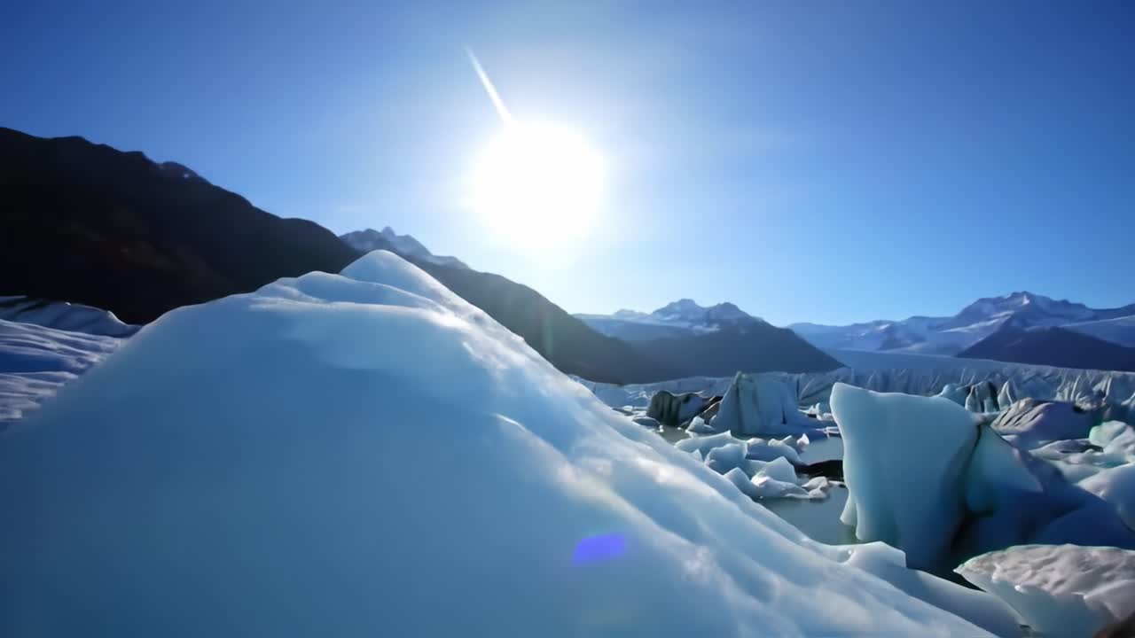 A breathtaking view of a massive glacier glistening in the sunlight showcases the beauty of nature in a remote Arctic setting. The clear blue sky enhances the icy formations.