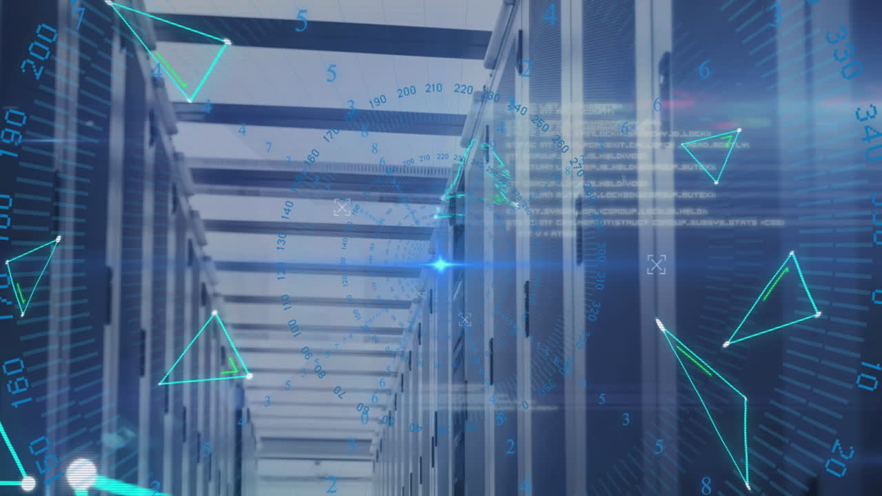 Animation of triangles, numbers around circles and computer language over server room