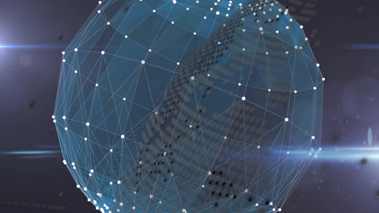 Lens flare sweeping, blue wireframe globe rotating, revealing facets and visualizing network
