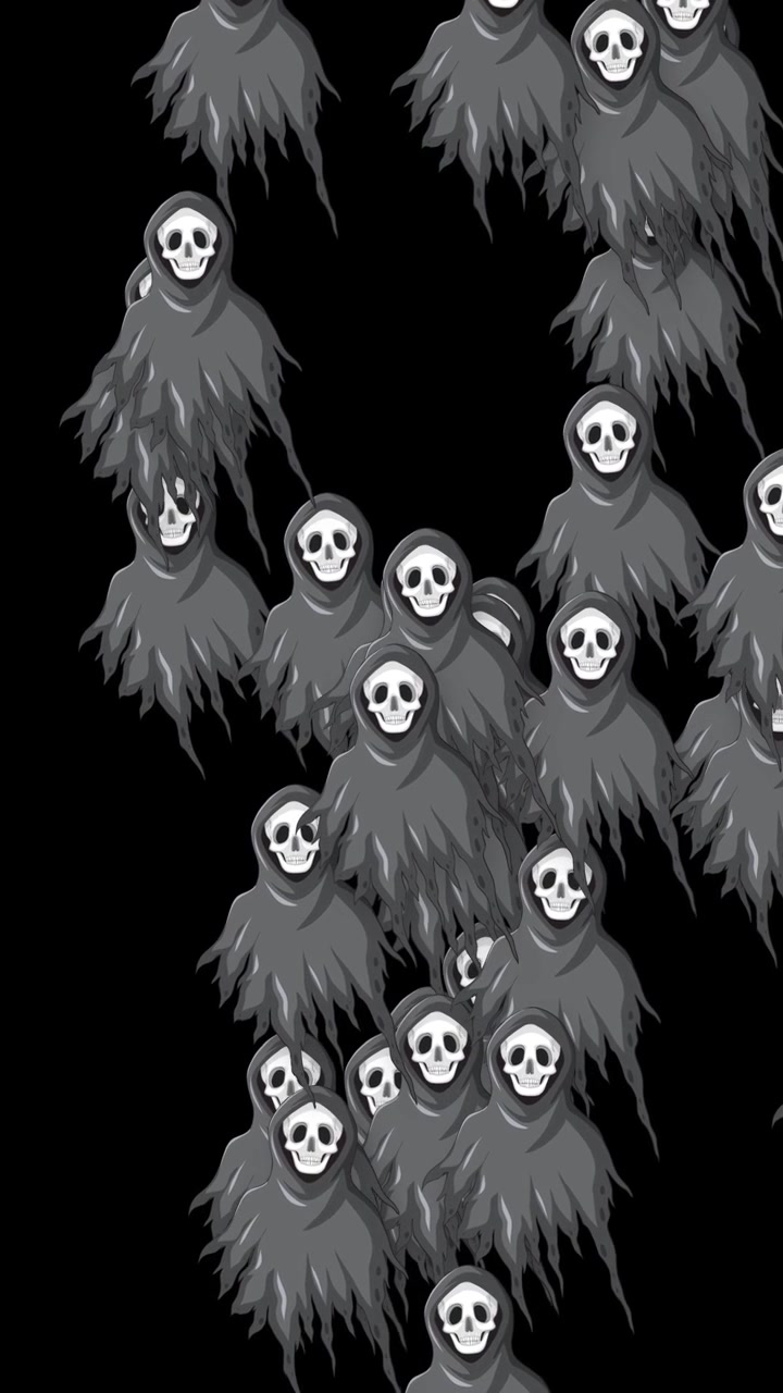 Stylized hooded ghosts with skull faces drift vertically through a dark void in loop.