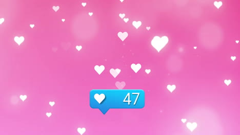 hearts and likes animation over pink background with glowing hearts