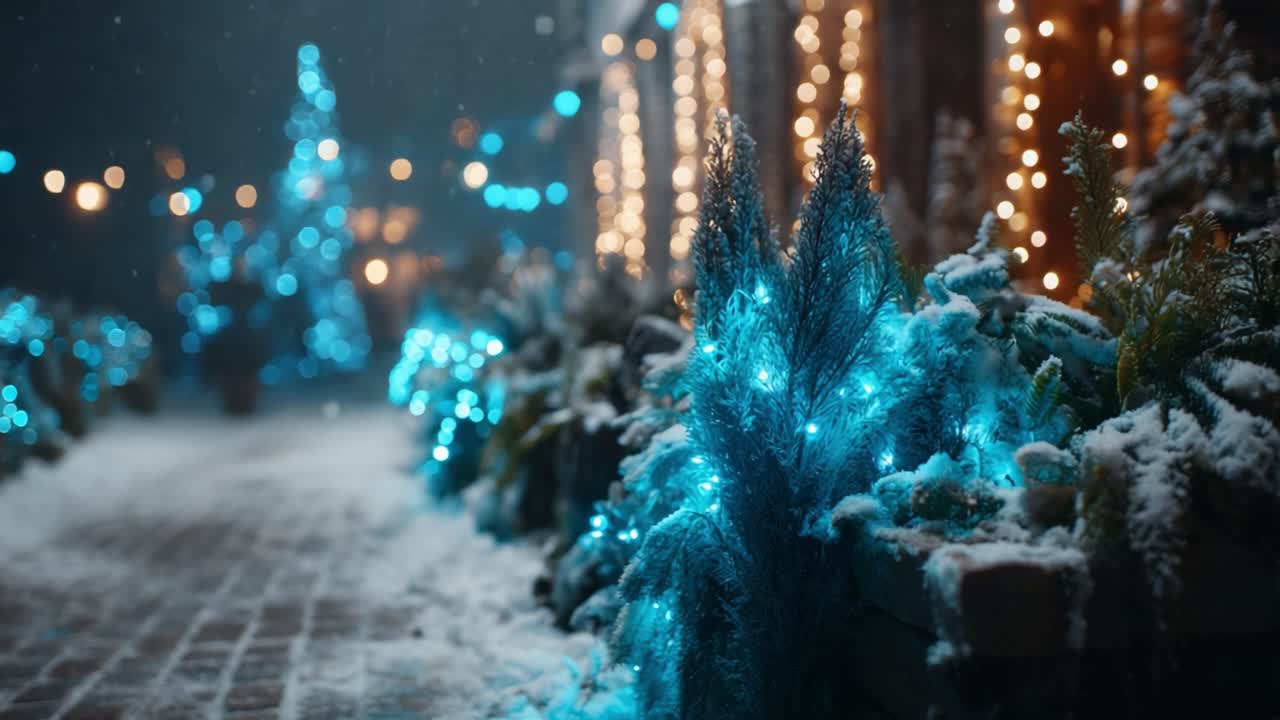 A Beautiful Winter Scene with Blue Illuminated Trees and Snow-Covered Pathway Capturing the Magic of the Holiday Season in a Cozy Atmosphere