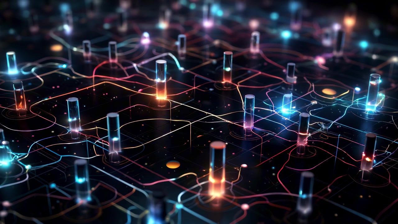 Abstract Digital Network Visualization with Glowing Data Nodes