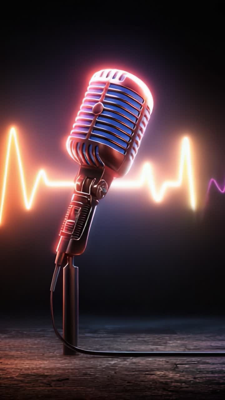 Microfono dinamico con forma d'onda pulsata che illustra vibrazioni sonore e flusso di energia in un'ambientazione scura, mettendo in risalto temi di musica e performance.