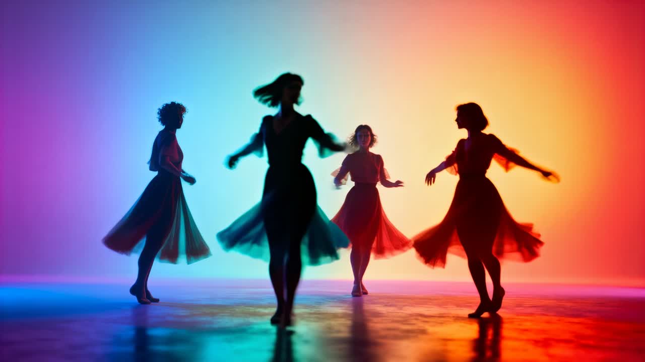 Op commando draaien vier vrouwelijke danseressen pirouettes tijdens een repetitie op een glimmende vloer, met zwierige rokken.