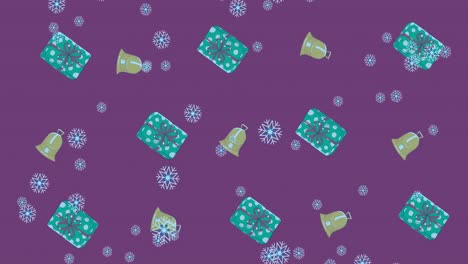 Animación-De-Nieve-Cayendo-Sobre-Un-Patrón-Navideño-Con-Campanas-Y-Regalos-Sobre-Fondo-Morado.