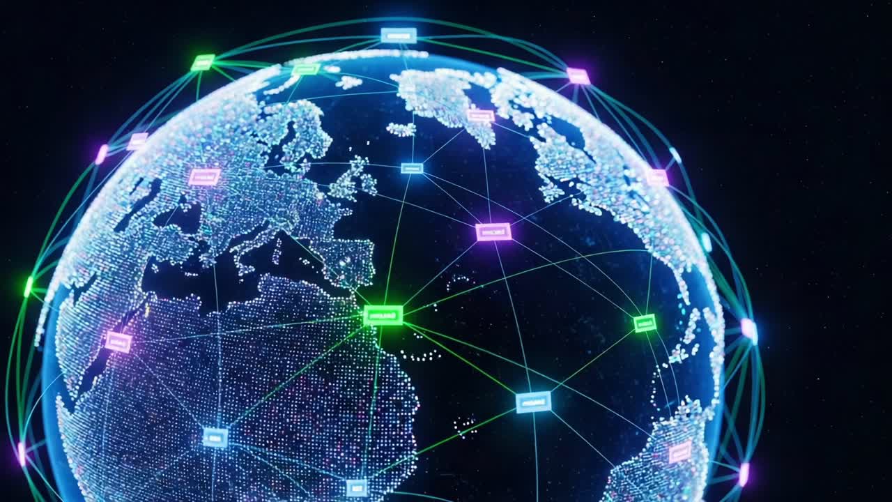A Vibrant Digital Representation of Earth with Global Connectivity and Data Networks, Highlighting the Interconnectedness of Regions Through a Network of Brightly Colored Dots and Lines
