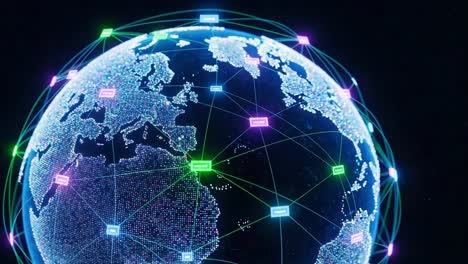 a vibrant digital representation of earth with global connectivity and data networks, highlighting the interconnectedness of regions through a network of brightly colored dots and lines