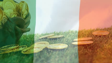 cauldron full of gold coin falling on the floor with an irish flag on the foreground