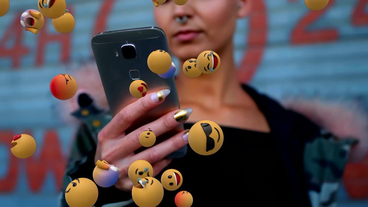 iconos de emoji con una mujer tomando una selfie en el fondo 4k