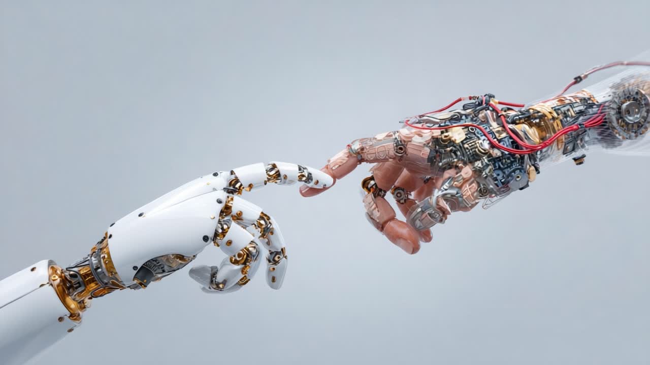 An Intriguing Moment of Connection Between Human and Robot Hands, Showcasing the Blend of Humanity and Technology in a Visual Representation of Innovation and Collaboration