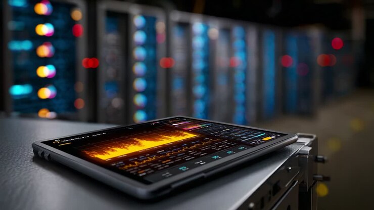 A sleek digital tablet showcasing vibrant sound analysis displayed on its screen, resting on a metallic surface against the backdrop of a row of high-tech servers emitting colorful lights, representing cutting-edge technology