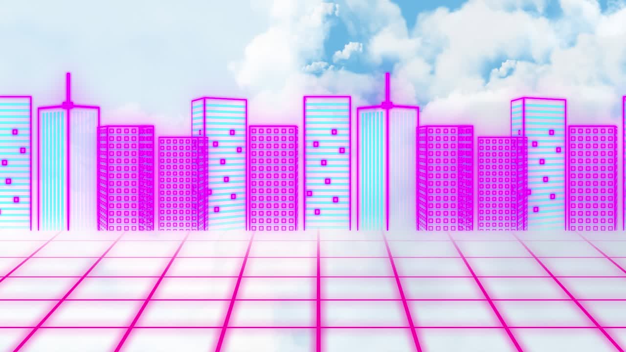 Animação de cidade digital e linhas de néon sobre céu com nuvens.