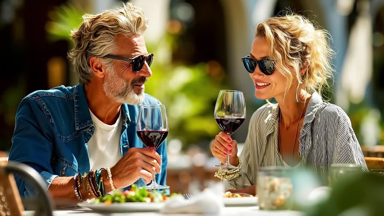 남자 와 여자 가 와인 글래스 를 들고 테이블 에 앉아 있다