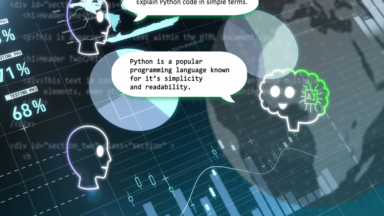 전 세계 데이터 처리, 채팅, 통계 및 아이콘의 애니메이션