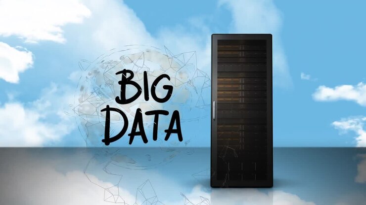 Animation of big data text, computer server and globe over clouds and sky