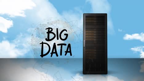 Animation-of-big-data-text,-computer-server-and-globe-over-clouds-and-sky