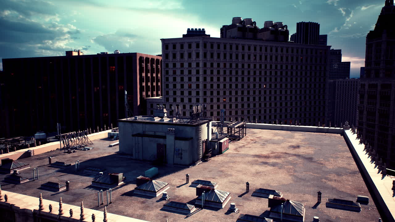 vista aérea de un techo de la ciudad al atardecer