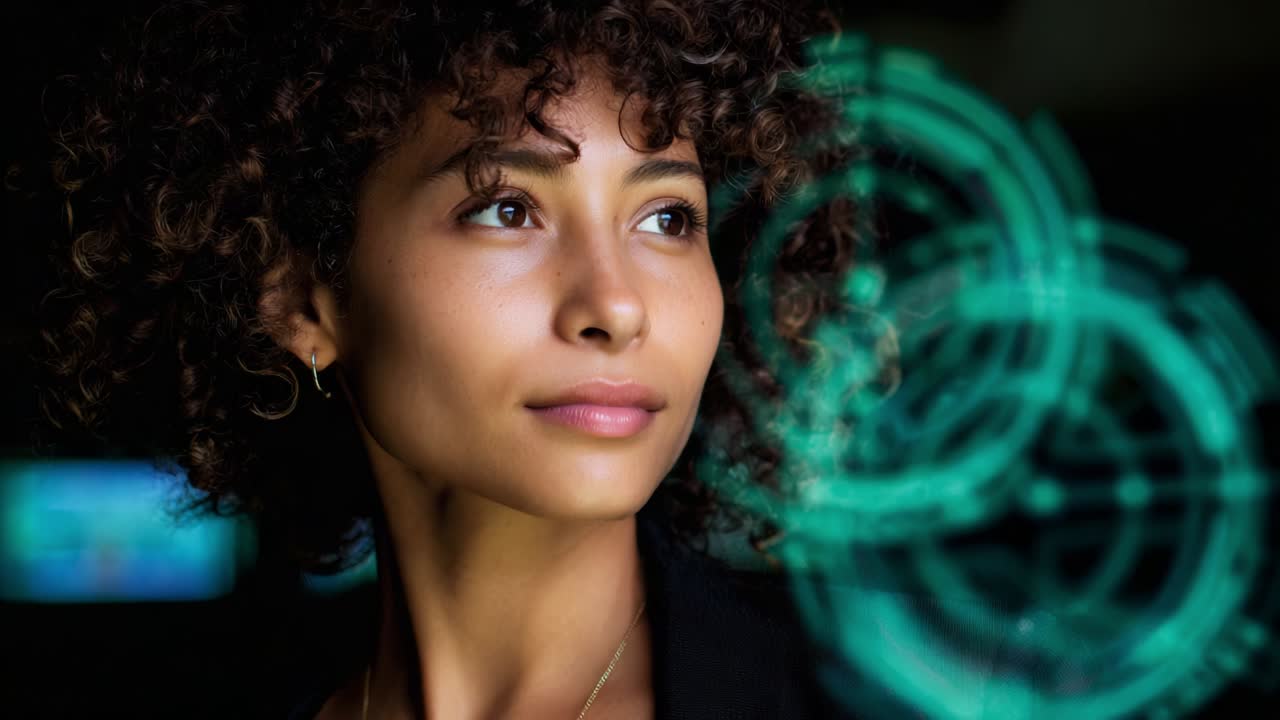 A Young Woman with Curly Hair Contemplating the Future Amidst Futuristic Visual Elements, Symbolizing Intelligence, Innovation, and Technology in a Modern Digital Environment