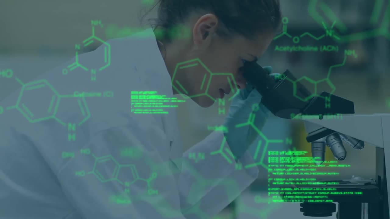 실험실에서 백인 여성 과학자에 대한 과학 데이터의 애니메이션