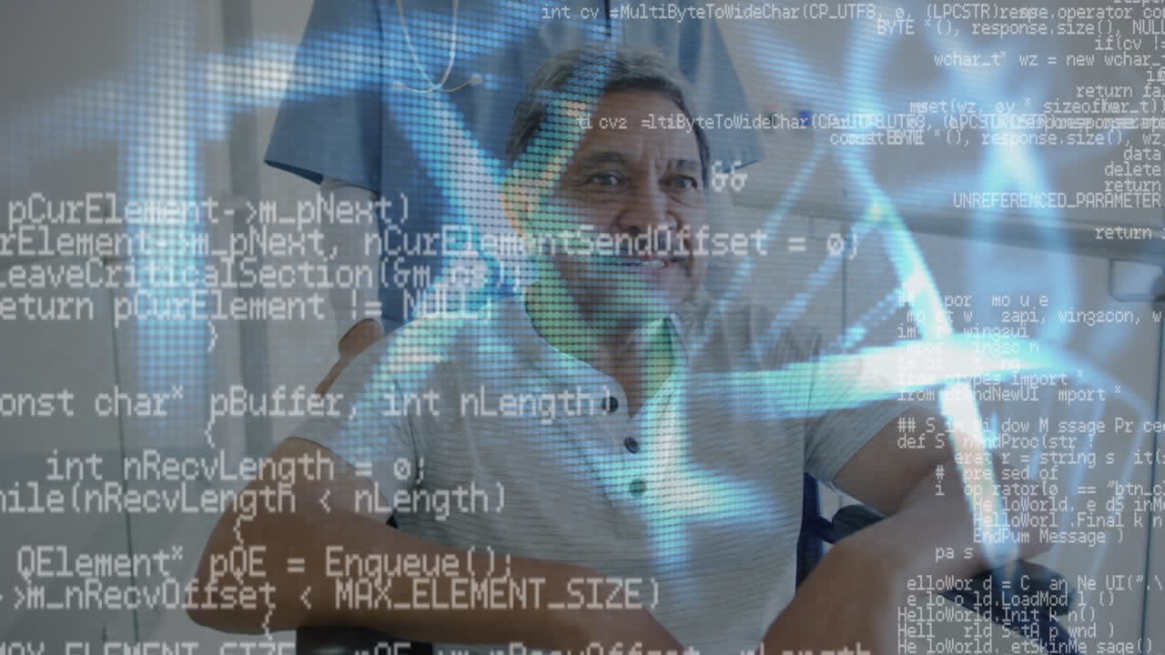 estructuras de adn y procesamiento de datos contra la enfermera empujando al paciente en silla de ruedas