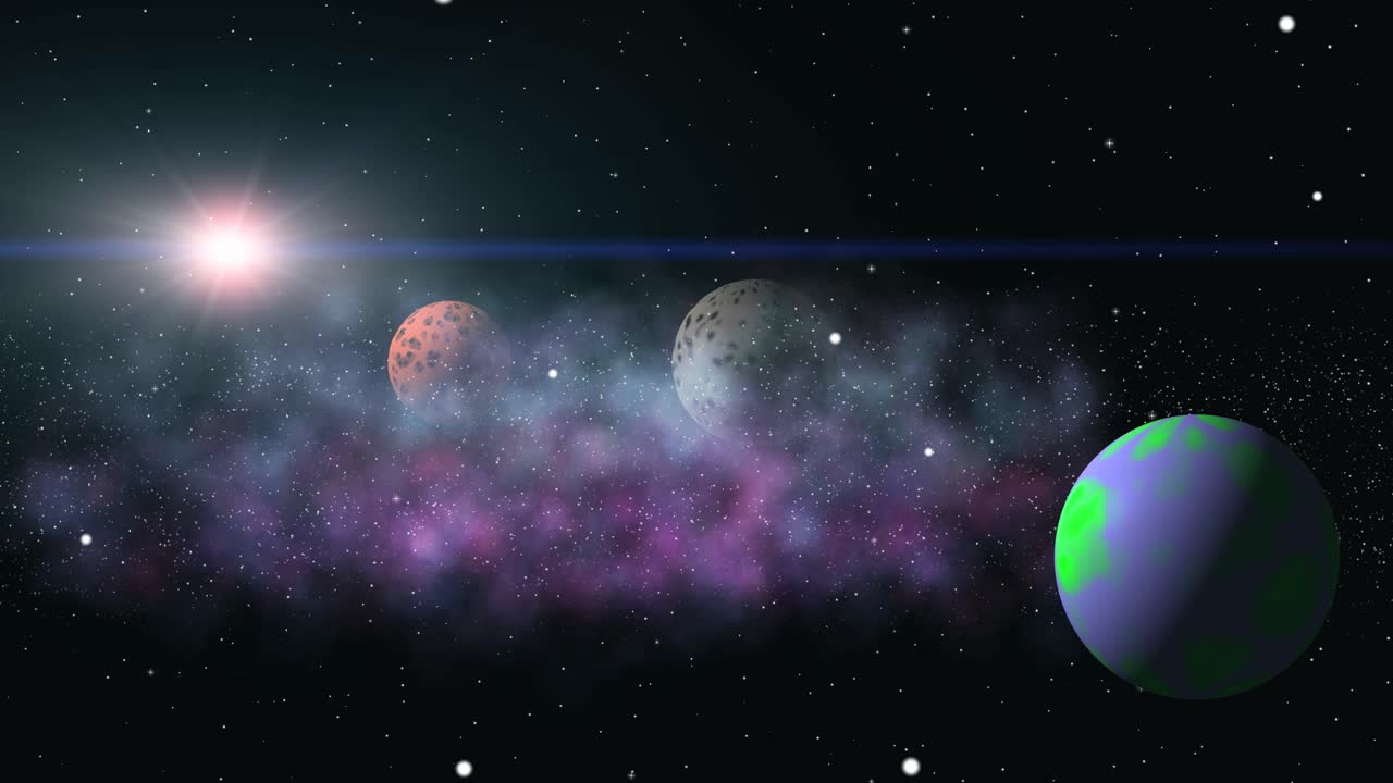 tres planetas en un sistema solar con una nebulosa colorida