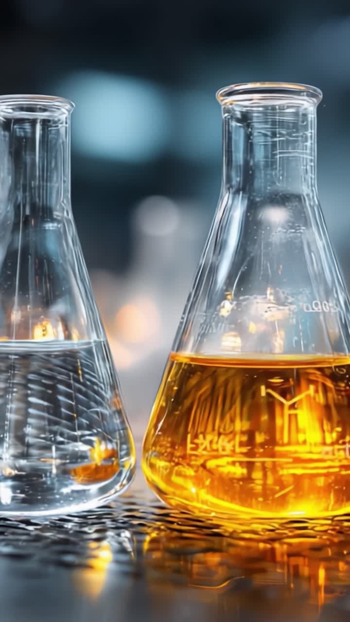 Un'esplorazione ravvicinata della chimica: due beute da laboratorio riempite con liquido trasparente e una vivace soluzione ambrata sotto una luce soffusa