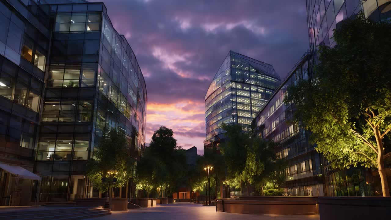 Transformação impressionante de uma praça urbana moderna ao pôr do sol e à noite, capturando a beleza do design arquitetônico e dos elementos naturais iluminados