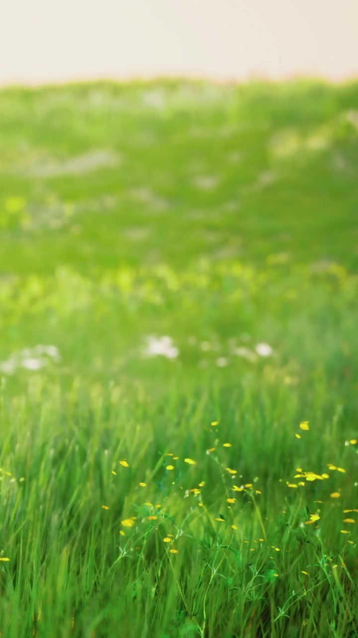 Erba verde lussureggiante con fiori gialli che crescono in un campo soleggiato.