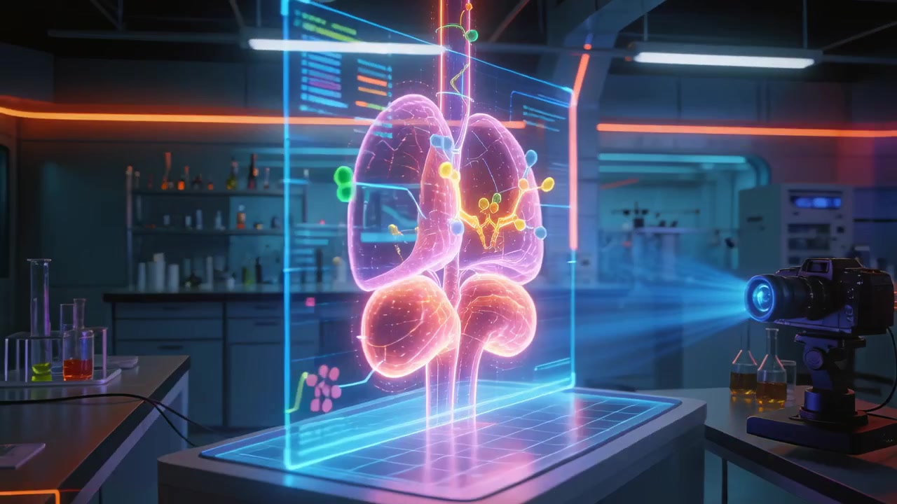 Projecting projector sending scanning beam at hologram panel in lab, animating organs for study