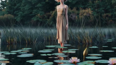 woman walking on a lily pad pond