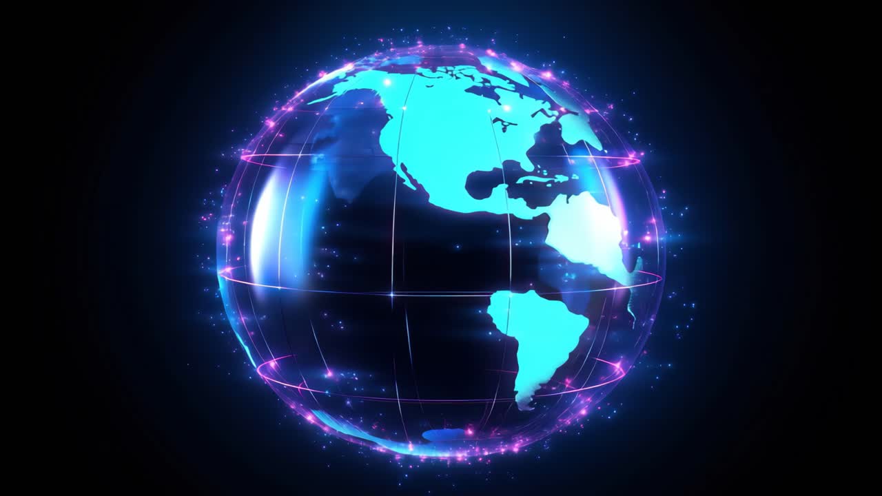 Futuristic video concept of a glowing digital globe with neon lights