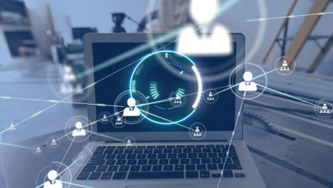 animación de la red de conexiones con iconos y escaneo de alcance sobre computadora portátil