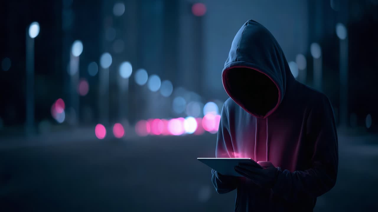 A mysterious figure in a hoodie interacts with a glowing tablet in a dimly lit urban environment, surrounded by blurred lights, suggesting a high-tech or digital theme