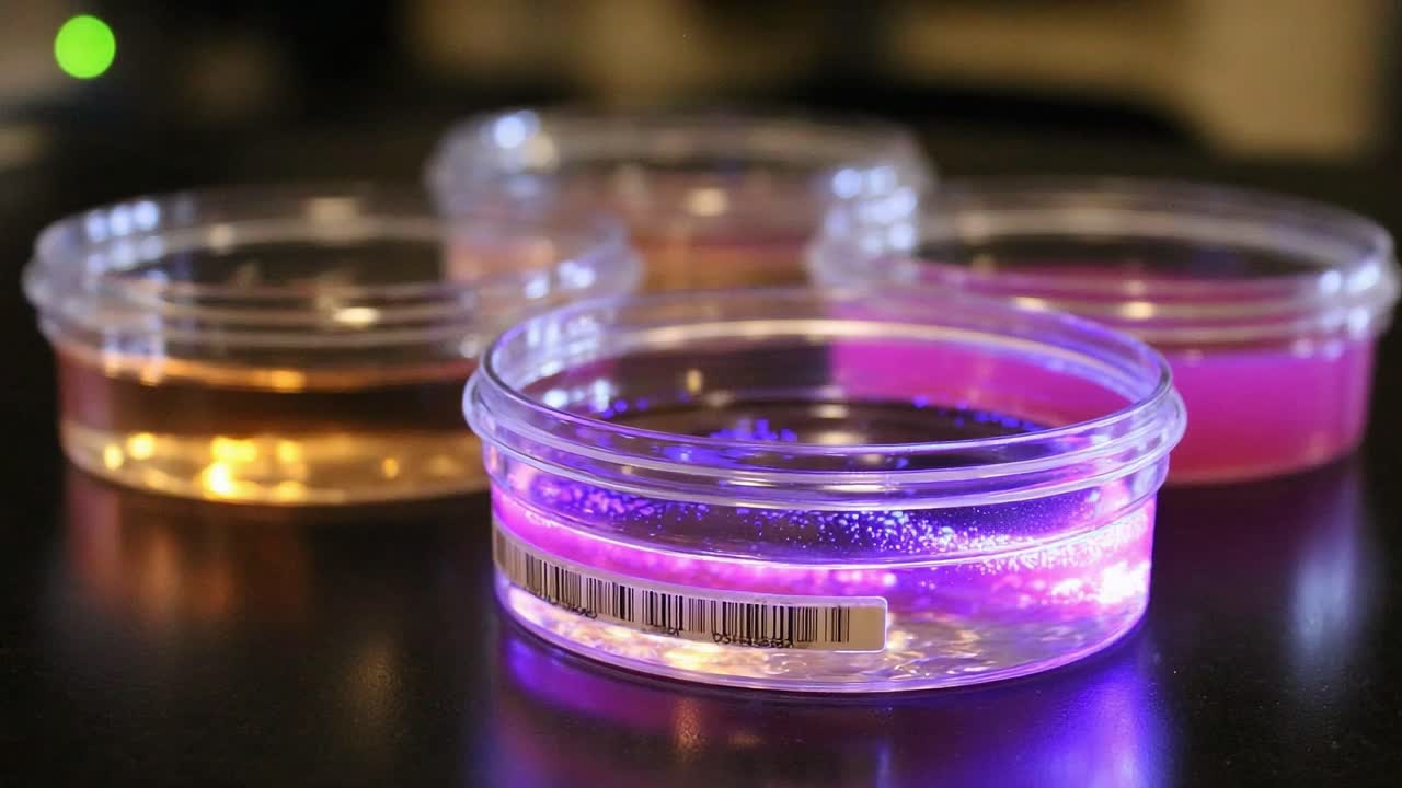Illuminated Petri Dishes Showcasing Vibrant Cultures with Varying Colors and Light Reflections in a Scientific Laboratory Setting