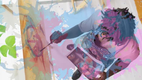 Animation-of-pink-and-blue-paint-over-artist-painting-picture