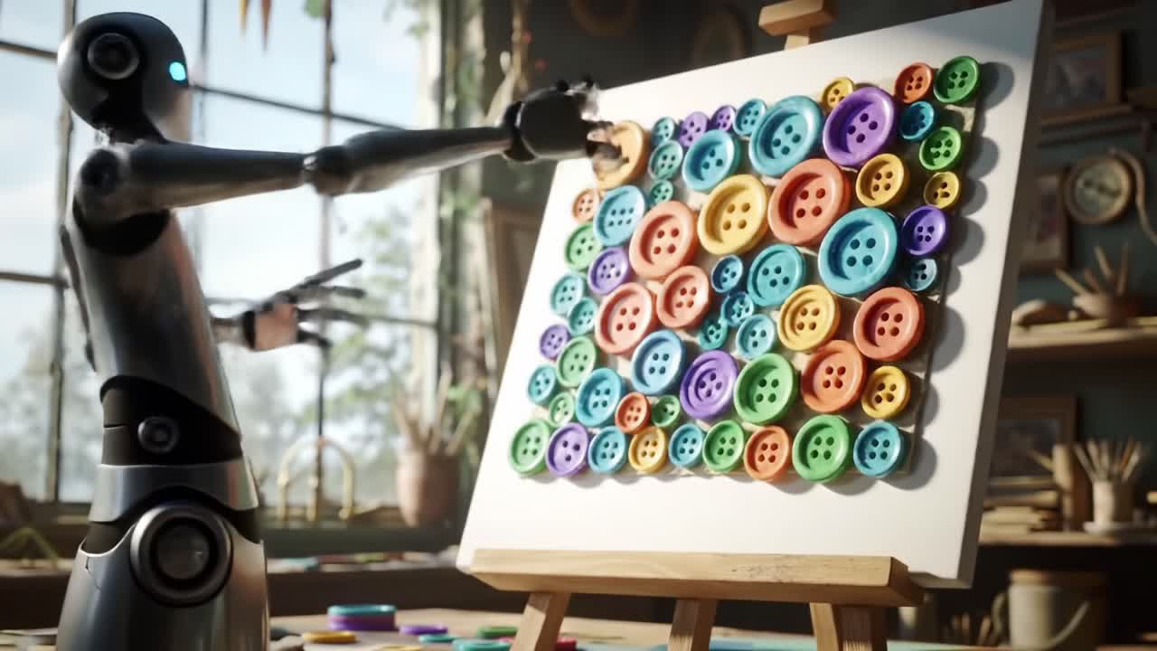 A Futuristic Robot Artist Skillfully Arranging Colorful Buttons on a Canvas, Blending Technology and Creativity in a Delightful Art Project