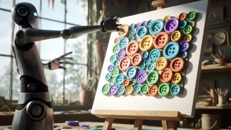 a futuristic robot artist skillfully arranging colorful buttons on a canvas, blending technology and creativity in a delightful art project