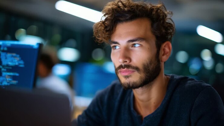 Focused individual working intently on a laptop in a modern office environment, showcasing concentration, professionalism, and the ambiance of tech innovation