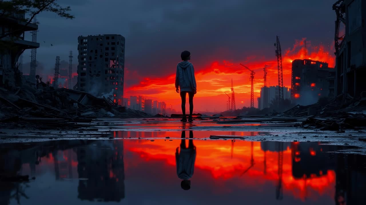 A person standing in the middle of a city at sunset