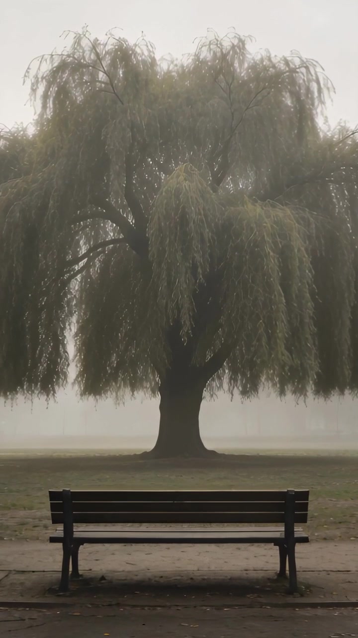 Vertical video: Swaying weeping willow tree responding to light breeze at park bench, with fog