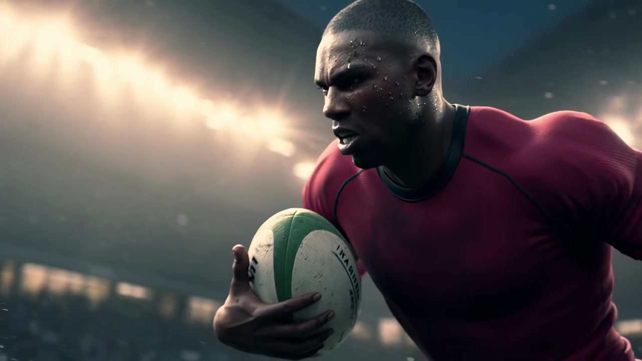 Giocatore di rugby che corre con la palla nello stadio