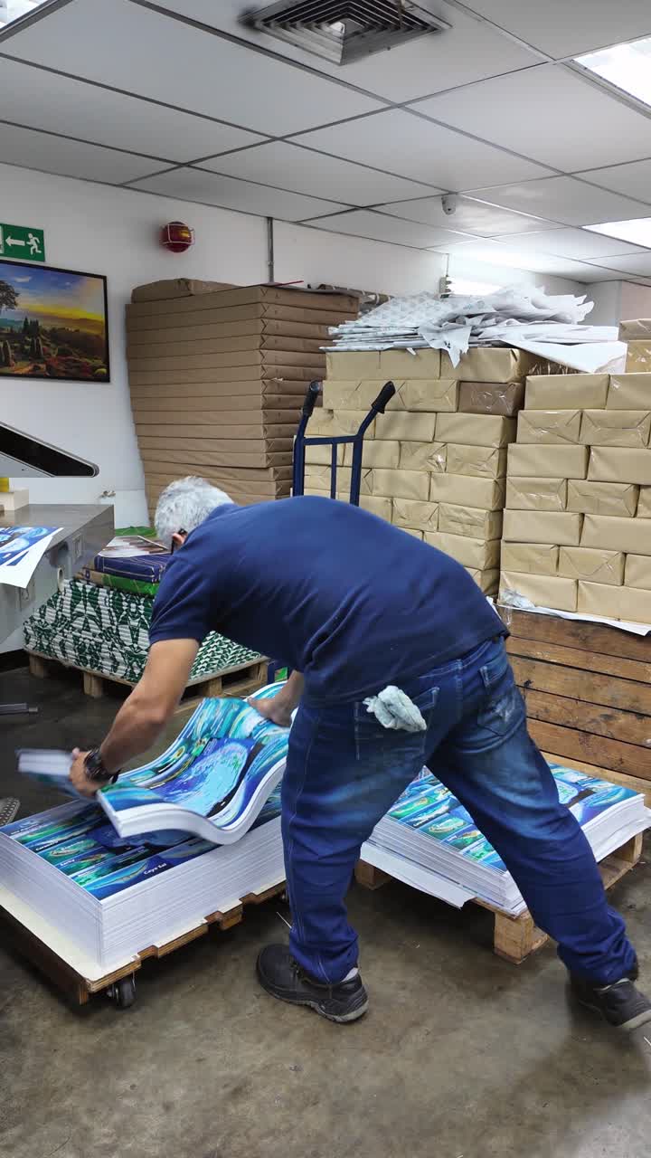 Factory worker. A man employee is worker in a warehouse handles stacks of printed materials, with many boxes and pallets in the background