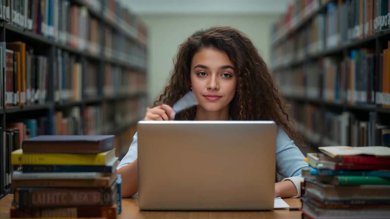 Reading silver laptop text, student in blue shirt studying at library aisle, twirling pen