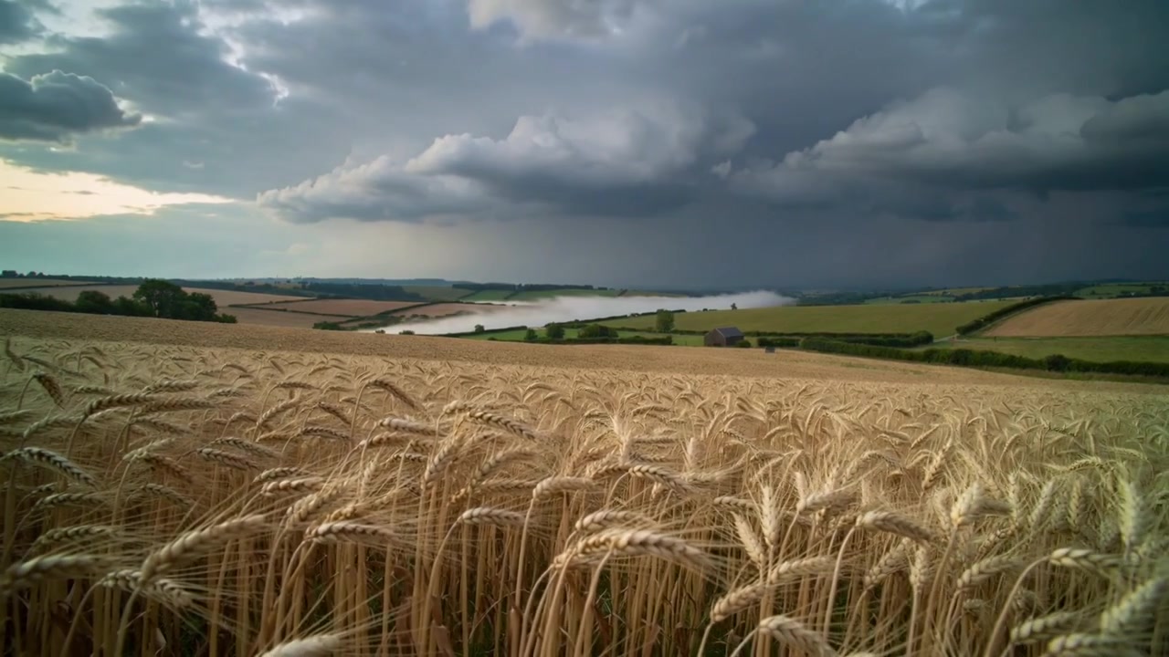 Swaying golden wheat field responding to approaching storm clouds at field edge, with lightning
