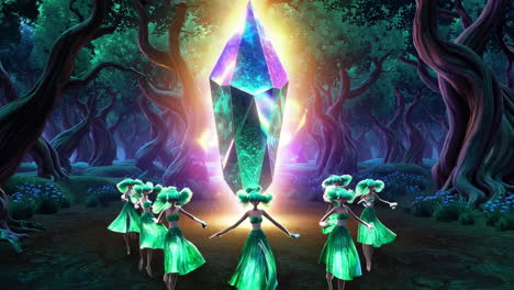 dancing fairies and a glowing crystal in a mystical forest