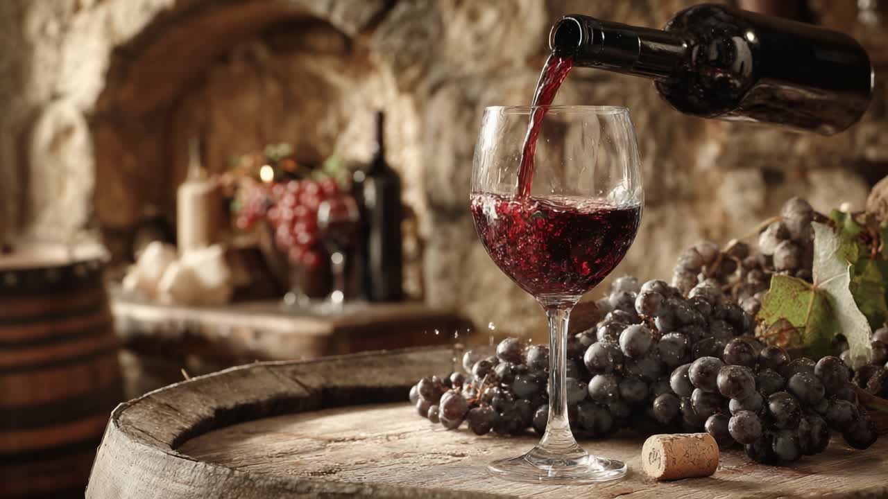 Una bonita imagen de vino tinto vertiéndose en una copa rodeada de uvas frescas, con un atractivo fondo rústico lleno de personalidad