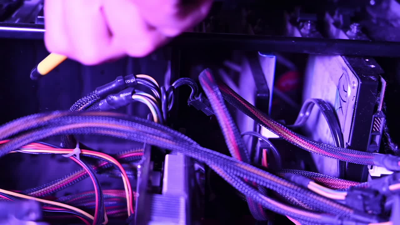 Close up of a man cleaning the dust from a computer using an air blower